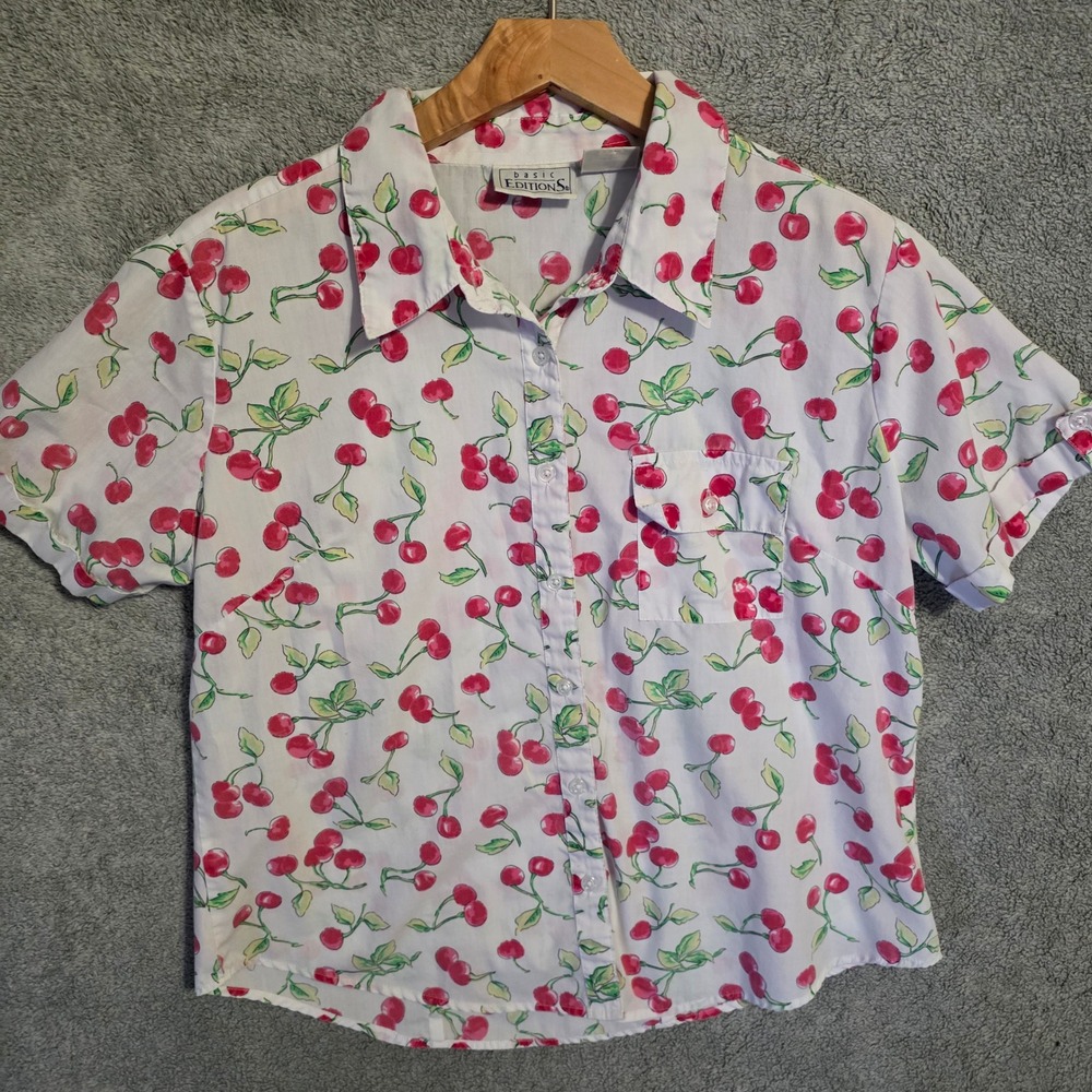 Basic Editions Womens White Red Cherry Print Button Down Shirt Medium RN 42000